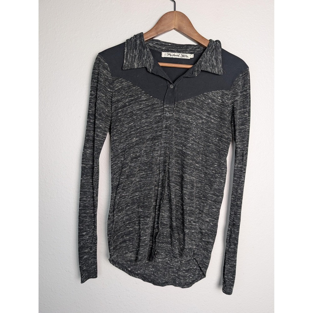 Michael Stars Shirt Womens 2 Gray Button-Up Jersey Collared Long Sleeve Slim